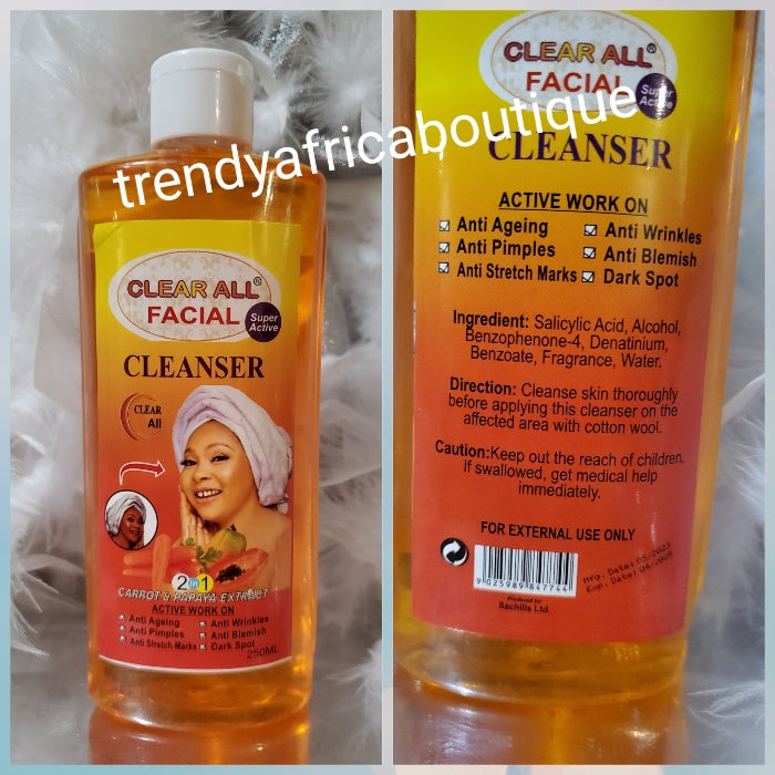 Clear All face cleanser. 2in1 formula: papaya & glutathion 250ml x 1. Super active against pimples, wrinkles, black heads and anti-aging