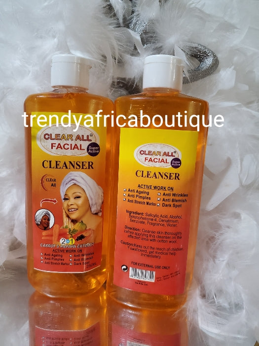 Clear All face cleanser. 2in1 formula: papaya & glutathion 250ml x 1. Super active against pimples, wrinkles, black heads and anti-aging