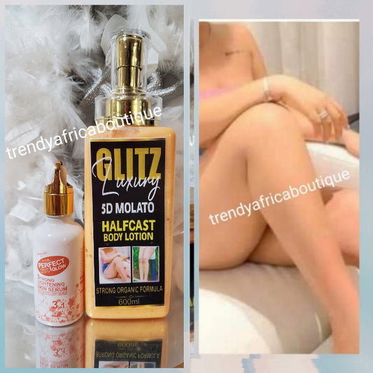 White & Glow combo: 2pcs GlitzLuxery 5D molato half-cast Body lotion 600ml ORGANIC FORMULA & Perfect Glow whitening serum with Argan, carrot & kojic oil 50ML X 1