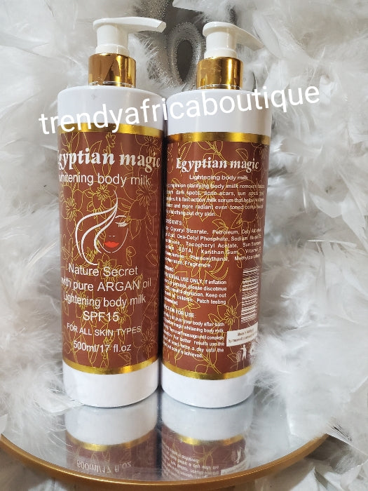 Egyptian magic whitening body milk nature secret with pure argan oil 500ml x 1 contains SPF 15. For all skin types. Anti spots, blemishes unifying body lotion