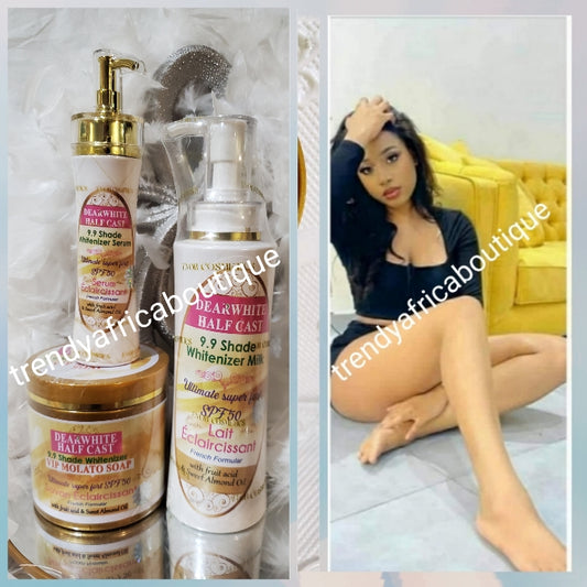 3pcs set. Dear White Half cast whitenizer body milk super strong 500ml, Dear white serum 100ml, VIP MOLATO triple action Soap 500g, combo For Tougher SKIN TYPE!. From EVOB