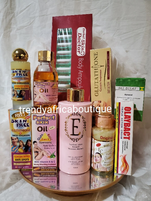 8pcs Promix kit for a milky white skin: Excellent lotion kenacol body lotion, glutathion comprime serum,perfect skin oil, RWT SKIN free serum,Bel eclat, skin dr. Ampoules, olaybact tube + glutathion supreme tube:7 days white