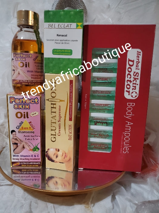 8pcs Promix kit for a milky white skin: Excellent lotion kenacol body lotion, glutathion comprime serum,perfect skin oil, RWT SKIN free serum,Bel eclat, skin dr. Ampoules, olaybact tube + glutathion supreme tube:7 days white