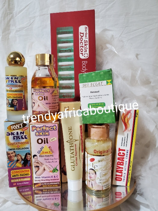 7pcs Promix kit for a milky white skin: Glutathion comprime concentrated serum,Perfect skin gluta kojic oil, RWT SKIN free serum,Bel eclat kenacol,skin dr.  Stretch marks Ampoules, olaybact tube + glutathion supreme tube:7 days white