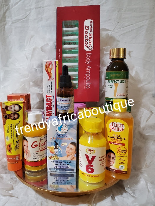 8-teiliges Yellow Sisi Promix-Set: 7-Tage-Wirkung: Hochwertiges Vitesse 6 (V6)-Serum, Gluta C-Serum, Teint Jaune-Öl, Kenacol Vit.C-Lösung, Olaybact-Tube, Nano Xtra-Tube, Shenic Stage 2-Öl und Hautdrink. Dehnungsstreifen-Ampullen