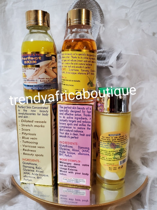 3 Stück. Pro-Mix-Serum und -Öl: Perfect Skin Concentre-Bleaching-Serum, Perfect Skin Gluta-Kojic-Öl und konzentriertes RWT Kojic-Serum mit ägyptischem Glutathion, starkes Anti-Flecken- und Hautunreinheiten-Entferner-Serum/Öl.