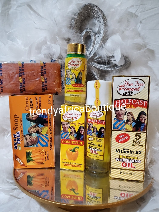 3pcs RWT Skin Free piment Half Cast oil 5 days fast action with vitamin B3. SKIN FREE piment HALF-CAST serum concentre AND skin free carrot soap. extreme whitening