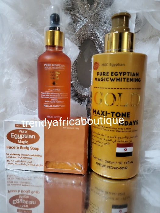 3pcs set: Pure Egyptian magic  whitening Gold maxitone body lotion, serum 50ml & face& body soap Anti ageing, Anti stains and dark sports remover. Formulated wirh Niacinamide and licorice