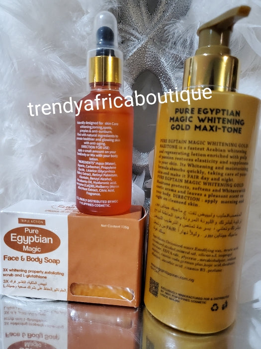 3pcs set: Pure Egyptian magic  whitening Gold maxitone body lotion, serum 50ml & face& body soap Anti ageing, Anti stains and dark sports remover. Formulated wirh Niacinamide and licorice