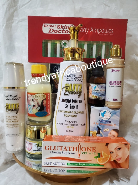 8pcs. Whitening flawless set:Glitz luxury SNOW WHITE body lotion, concrete serum, face cream, kenacol vit.C oil, crude kenacol, Skin free milk, skin dr. Stretch marks ampoules, Glutathion Inj. Supreme tube cream7 days flawless combo!