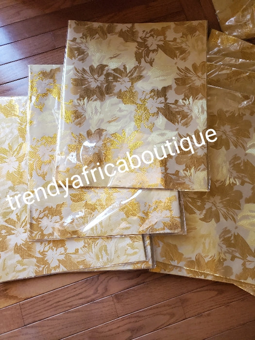 Champagne gold/gold Jubilee sago. 2 in 1 pack Sago gele head tie for Nigerian head wrap. Beautiful design. Soft texture, easy to tie into beautiful Nigerian party gele. Excellent quality. Sold as a park