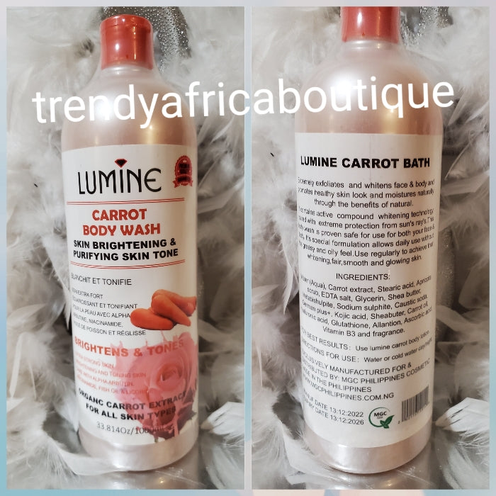 3pcs. Set:  Lumine Carrot face and body lotion, shower gel and Lumine glowing carrot oil. Extra strong whitening 3 in 1 with glutathione, carrot extracts + tomato. Spf 50. Firming and glowing