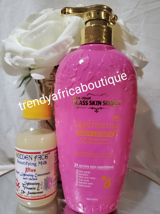 2pcs.Miss Cloud Glass skin secret face & body lotion with papaya, glycolic acid & Vitamin C 500mlx 1 hydroquinone FREE!! & Golden face beautifying milk plus concentre x 1