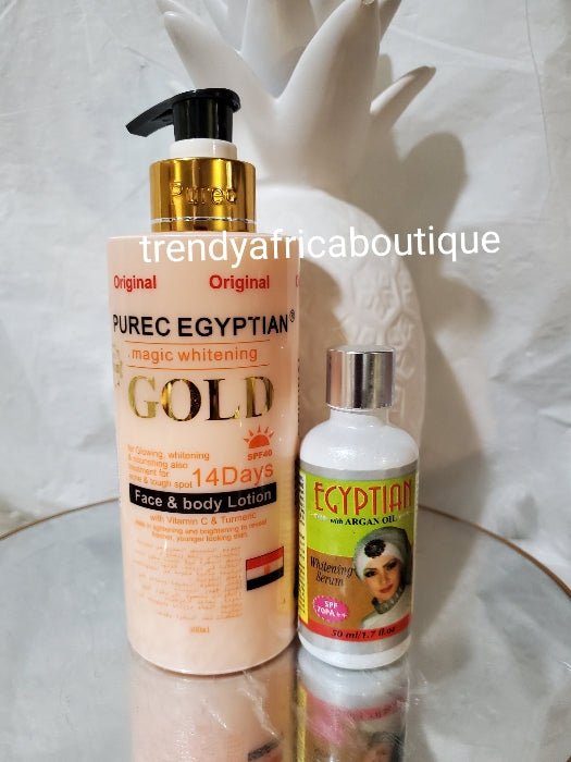 Original Purec Egyptian magic whitening Gold body lotion with egg yolk, + Egyptian whitening serum with argan oil SPF 70. Combo