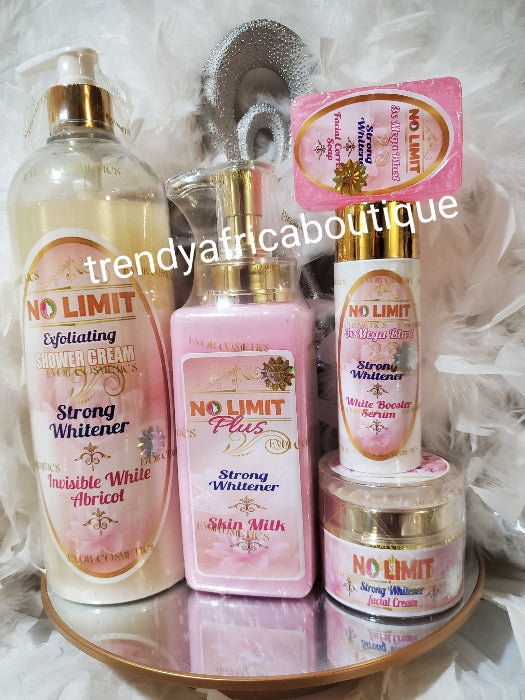 5pcs set of Original NO LIMIT PLUS Strong Whitener skin milk 500ml+ 3X Mega blast strong whitener white booster serum 60ml, + NO LIMIT Face cream + No Limit exfoliating shower cream. & 1 bar soap 100% response on dark spots and skin irregularities.