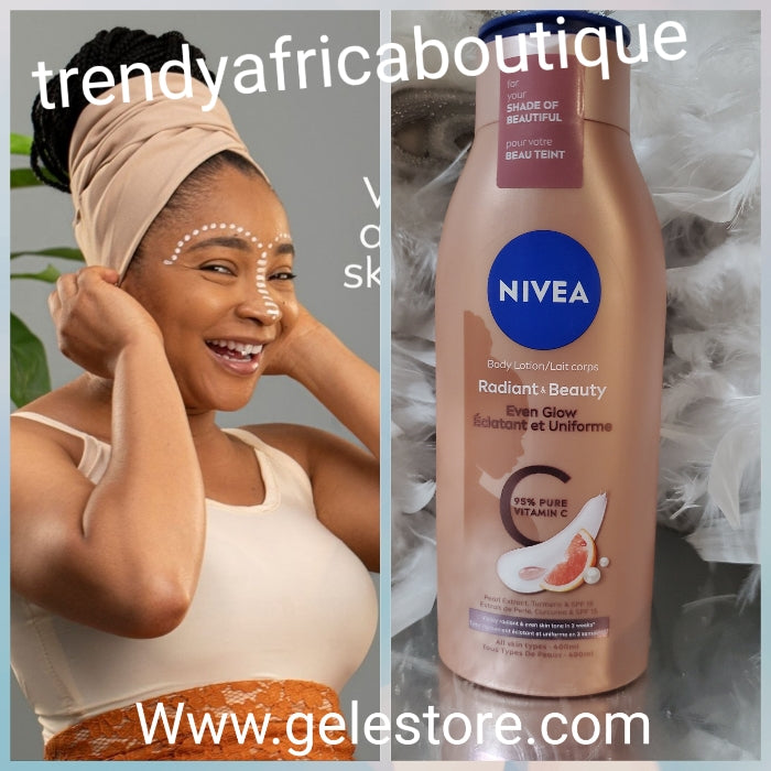 NIVEA Radiant beauty: Even Glow  with 99% pure vitamin C. Visible Radiant and even skin tone in just 2 weeks. 400ml body lotion X 1 bottle sale. For all skin times.