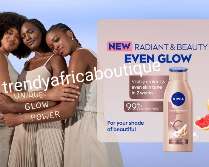 NIVEA Radiant beauty: Even Glow  with 99% pure vitamin C. Visible Radiant and even skin tone in just 2 weeks. 400ml body lotion X 1 bottle sale. For all skin times.