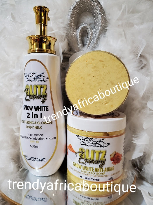 ANOTHER BANGA!!  Glitzluxury Snowwhite anti-aging Molato Soap & the Snow white 2n1 lightening body Lotion 🔥🔥🔥👌. Whitens & Treatment combo!
