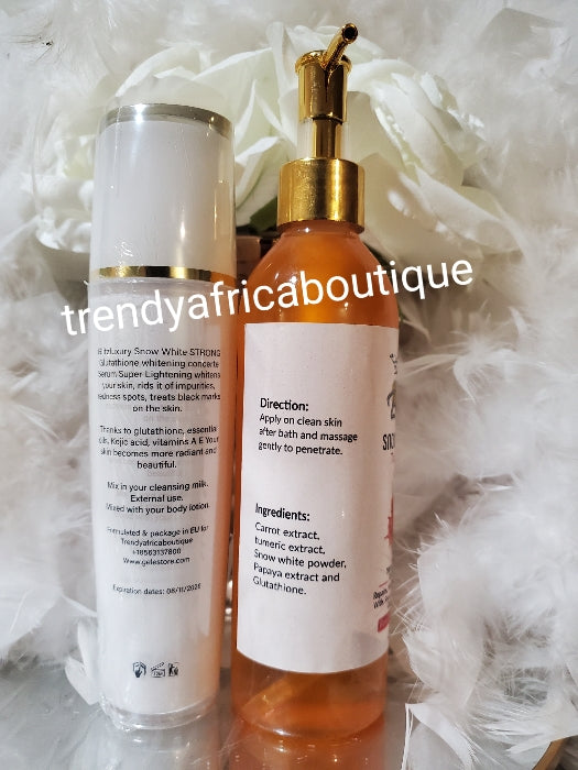 2pcs set: GLITZ LUXURY glutathion SNOW White concentred serum 100mlx 1 PLUS Snow white Talking oil 250mlx 1. Perfect promix combo 🔥👌. 100% SATISFACTION