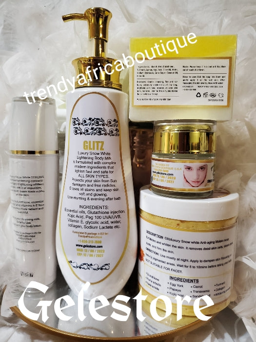 5pcs Set:Glitzluxury Snowwhite anti-aging body lotion, Serum, snow whi Trendy Africa Boutique 5pcs Set:Glitzluxury Snowwhite anti-aging body lotion, Serum, snow whi Trendy Africa Boutique