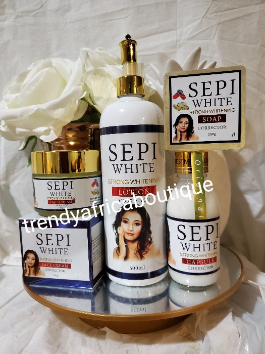 4-teiliges Set SEPI WHITE STRONG Whitening Corrector Körperlotion, Gesichtscreme, Seife und konzentriertes Sepi-Serum. Serum zur Korrektur dunkler Flecken. Super wirksam