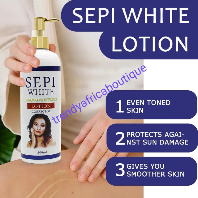 4-teiliges Set SEPI WHITE STRONG Whitening Corrector Körperlotion, Gesichtscreme, Seife und konzentriertes Sepi-Serum. Serum zur Korrektur dunkler Flecken. Super wirksam