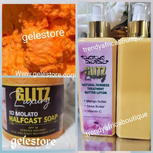 2pcs🔥 Glitzluxury 5D molato soap & Glitzluxury NATURAL FAIRNESS TREATMENT BUTTER LOTION With Mango & Shea butter, vitaminC, kojic acid, almond oil for skin repair & glowing, hydrates and protects your skin from whitening agents.300ml x 1👌💯🔥
