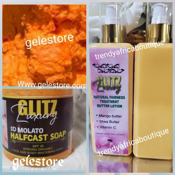 White & Treatment set 4pcs. 🔥 Glitzluxury 5D molato half-cast body lotion, soap, face cream & Glitzluxury NATURAL FAIRNESS TREATMENT BUTTER LOTION👌💯🔥