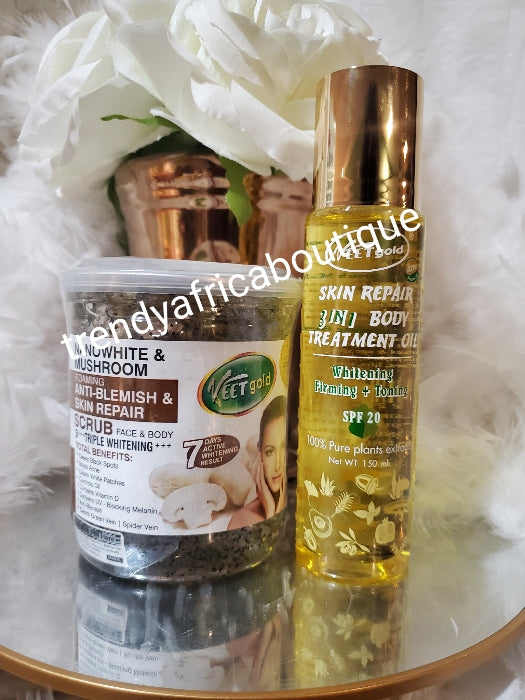 2pcs. Perfect combo Veet Gold Nanowhite & mushroom forming scrub & veetgold 3 in 1 body treatment oil. Effective against spider veins/green veins  anti blemishes.