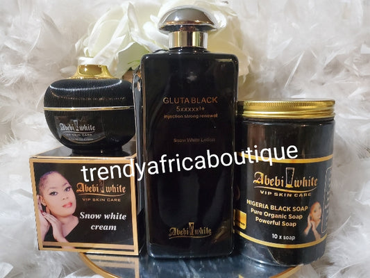 3pcs. set Latest Abebi white Gluta Black 5xxxxx + Snow white face and body lotion 500ml, Whitening Nigerian BLACK SOAPace cream, & exfoliating soap. 💯  satisfaction