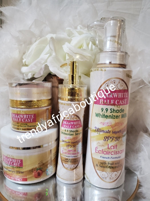 Evob-Kosmetik: 4-teiliges Set Dear White Half Cast Whitenizer Body Milk Super Strong 500 ml; Gesichtscreme 60 g, Serum 100 ml, ultimatives, kräftiges Pfirsich-Körperpeeling 350 g: Für härtere Hauttypen!