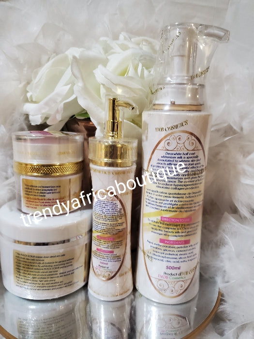 Evob-Kosmetik: 4-teiliges Set Dear White Half Cast Whitenizer Body Milk Super Strong 500 ml; Gesichtscreme 60 g, Serum 100 ml, ultimatives, kräftiges Pfirsich-Körperpeeling 350 g: Für härtere Hauttypen!