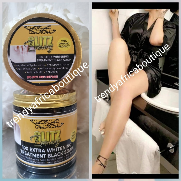 ANOTHER BANGER!! Glitzluxury 10X EXTRA WHITENING TREATMENT BLACK SOAP. 💯 ORGANIC 7 days Action. 500g jar x 1 best ingredients like licorice roots, coco pods, stretch marks oil,collagen, honey, glutathione, Raw African black soap, ETC.🔥🔥🔥🔥🔥👌 NOT FOR FACE!!