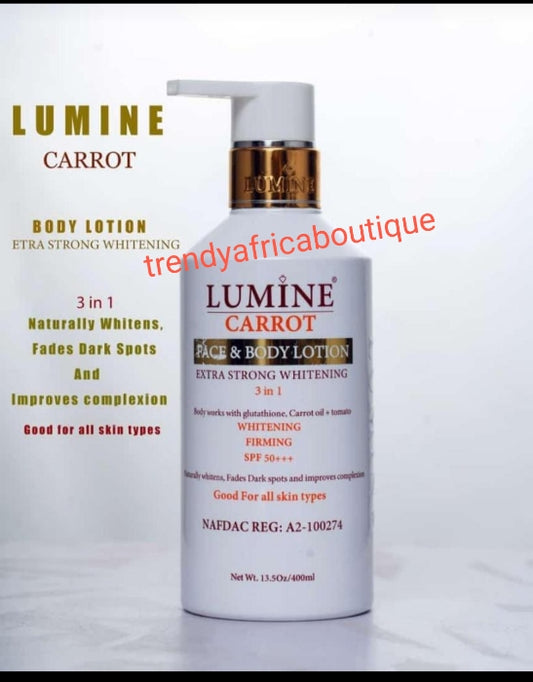 Lumine Carrot face and body lotion 400ml. Extra strong whitening 3 in 1 with glutathione, carrot extracts + tomato. Spf 50. Firming and glowing