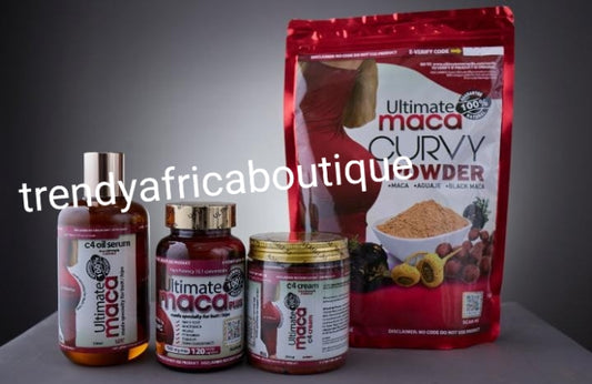 4pcs. Ultimate Maca Pills Plus 7500MG.120 pills, maca C4 cream 250ml, maca oil 300ml and MACA curvy root powder drink Maximum strength butts & Hips enlargement. 💯 satisfaction!!! All natural root.