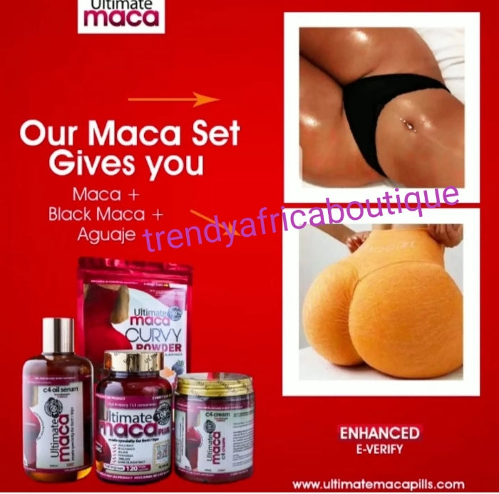 4pcs. Ultimate Maca Pills Plus 7500MG.120 pills, maca C4 cream 250ml, maca oil 300ml and MACA curvy root powder drink Maximum strength butts & Hips enlargement. 💯 satisfaction!!! All natural root.