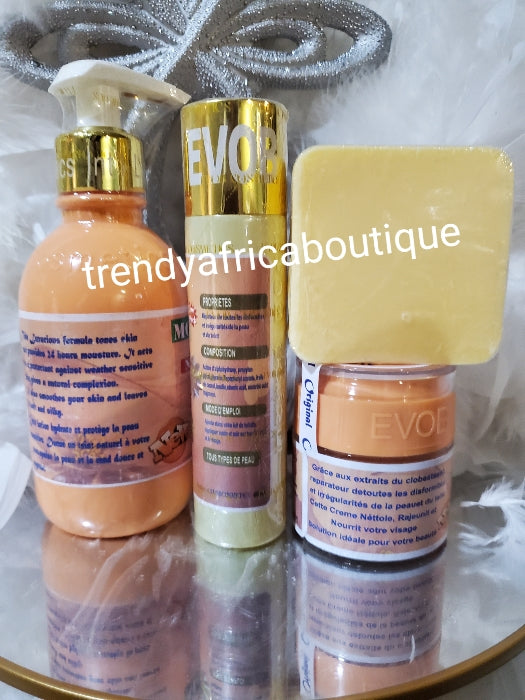 4pc set Mon secret fast action Eclaircissant, whitening, brightening & glowing combo. Anti black stains and marks. Body Lotion 300ml, serum 60ml,  face cream 50g + facial soap