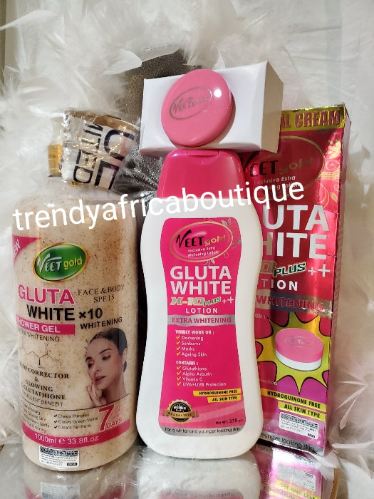2pcs. Set:Veet Gold Gluta white X-10 plus extra whitening shower gel 1000ml & body lotion. 500ml. Glutathion, alpha Arbutin+ vitamin C. Visibly work to fade skin blemishes fee complimentary face cream