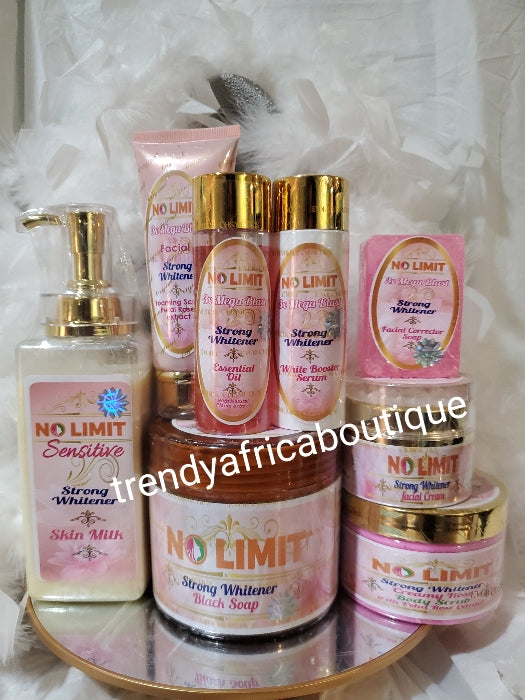 8pc Luxery set: NO LIMIT Strong whitener body lotion for sensitive skin body milk,, serum, black soap, face cream, face soap, essential oil, face scrub, body scrub.