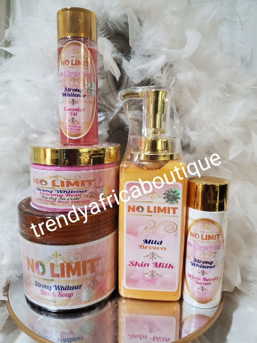 5pcs set:  No limit mild Brown body lotion, serum, essential oil, black soap, essential oil. For brightening and softening of skin