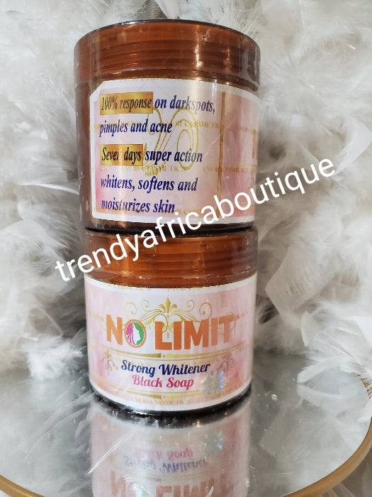 NEW PACKAGING: x 1 jar NO LIMIT strong whitening and skin repair black soap. 100% response on darks spots, pimples and acne. 7 days Action. 500g jar