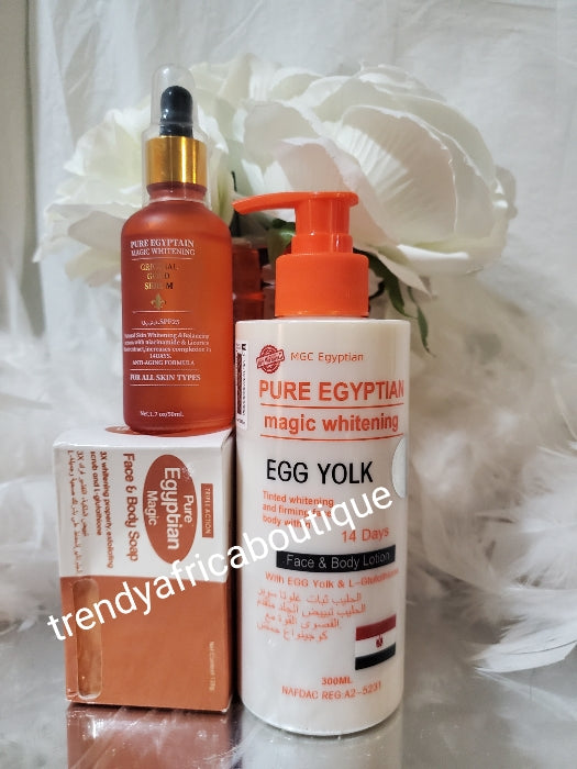 3pcs set: Pure Egyptian magic  whitening face & body lotion with egg yolk & L-Glutathion, serum 50ml & face& body soap Anti ageing, Anti stains and dark sports remover