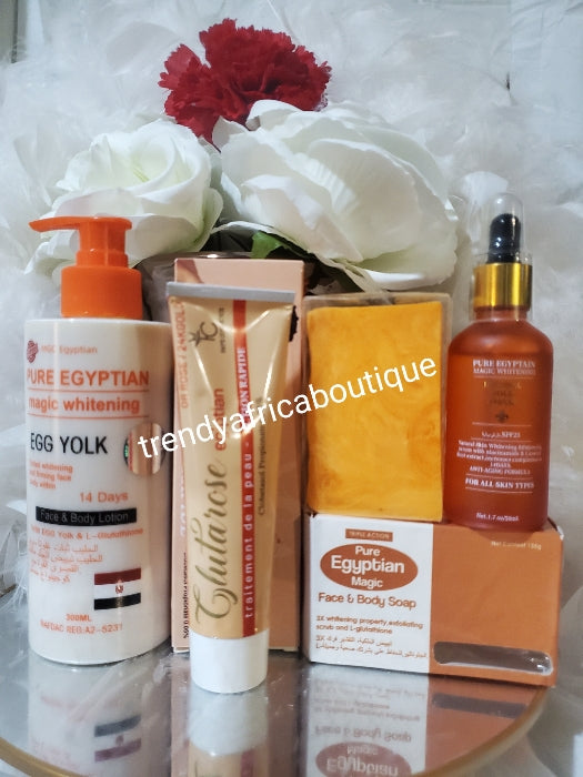 4pcs set: Pure Egyptian magic  whitening face & body lotion with egg yolk & L-Glutathion, serum 50ml & face& body soap & Abebi gluta Rose cream  Anti ageing, Anti stains and dark sports remover