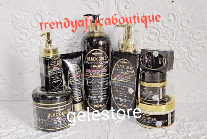 8pc complete Black Gold prestige set: Body milk 10X Whitenizer Xtreme intense whitening vitamins: lotion, serum, body wash, black soap, face cream, facial scrub & black gold body scrub: soften & face corrector soap, Unify and illuminate