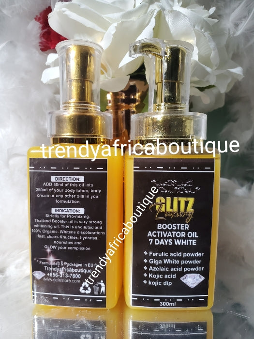 Glitzluxury Undiluted Thailand BOOSTER ACTIVATOR whitening oil🔥🔥🔥🔥7 DAYS WHITE. With Giga powder, kojic dip. Azelaic powder etc. 7 days OSHAPRAPRA. 300ml x 1 FOR PRO-MIX ONLY. 💯 ORGANIC