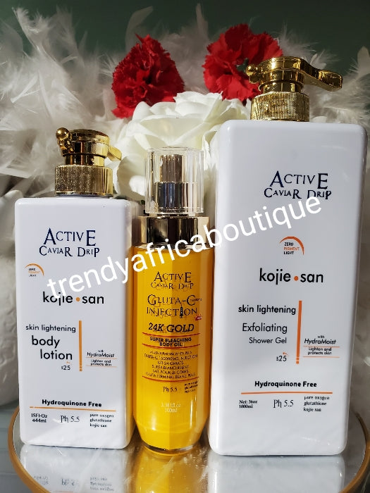 3pcs. Set Active Caviar Drip kojie san skin lightening body lotion, shower gel ORGANIC FORMULA PLUS Gluta C 24k gold serum. Spf 50  Lightens and Protects your skin. Super Safe for aging skin!!