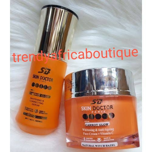 4pcs set: Skin Doctor Carrot Glow body lotion, shower gel, serum and face cream. Excellent combination for skin lightening and glowing naturally spf30. Use morning & night