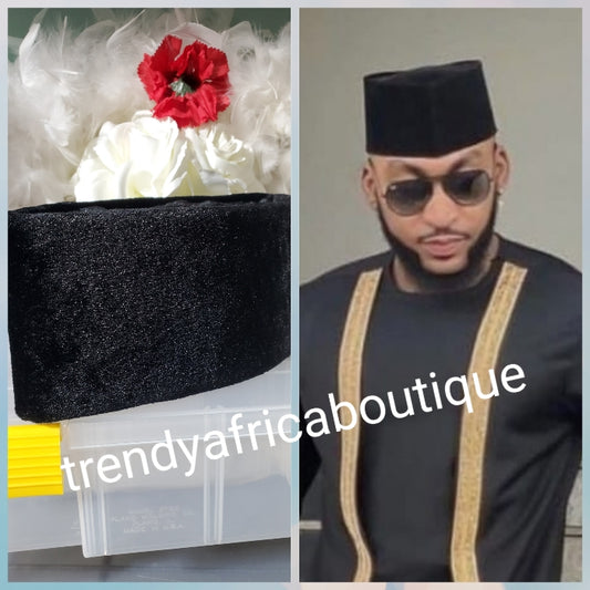 New Arival BLACK Nigeria traditional men cap, front Triangle Shaped Cap, Designed Sleek & stylish Cap (Aka Cap) for ceremonial dress. Soft suede texture Available in 3 sizes 22, 23, 24