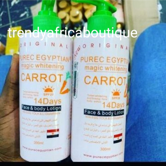 X2 bottle Original Purec Egyptian magic whitening carrot lotion 300ml.  Fast action lightening for face and body. Formulated with natural ingredients. Hydroquinone free!!