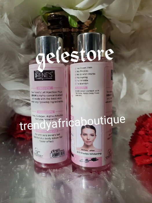 3pcs. Tera Irene's lait injection plus SNOW whitening body lotion, shower gel and serum. See results from 7 days. PLUS serum 400ml x 1 spf 30. Glutathion, collagen alpha arbutin, witch hazel